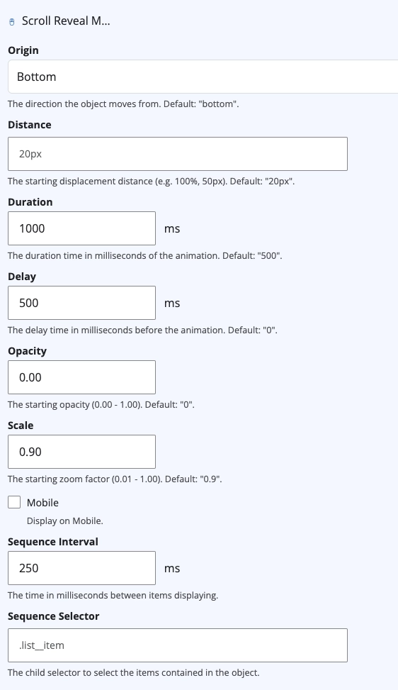 Scroll reveal field settings