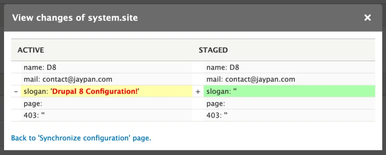 Screenshot of the Configuration Manager view differences modal