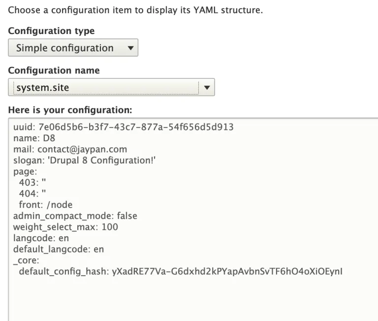 Screenshot of the Configuration Manager module export of a single item