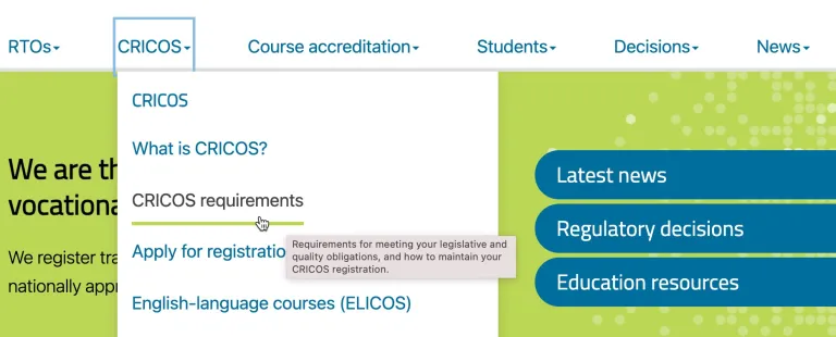 Example of Accessible Megamenu on ASQA website