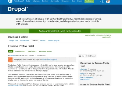 Drupal screenshot of the Enforce Profile Field module page