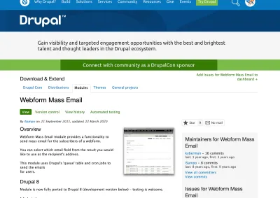 Screenshot of Drupal.org Webform Mass Email module page