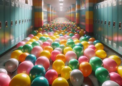 Balloons in a school hallway