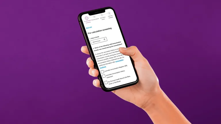Australian Immunisation Handbook calculator displayed on a mobile screen