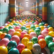 Balloons in a school hallway